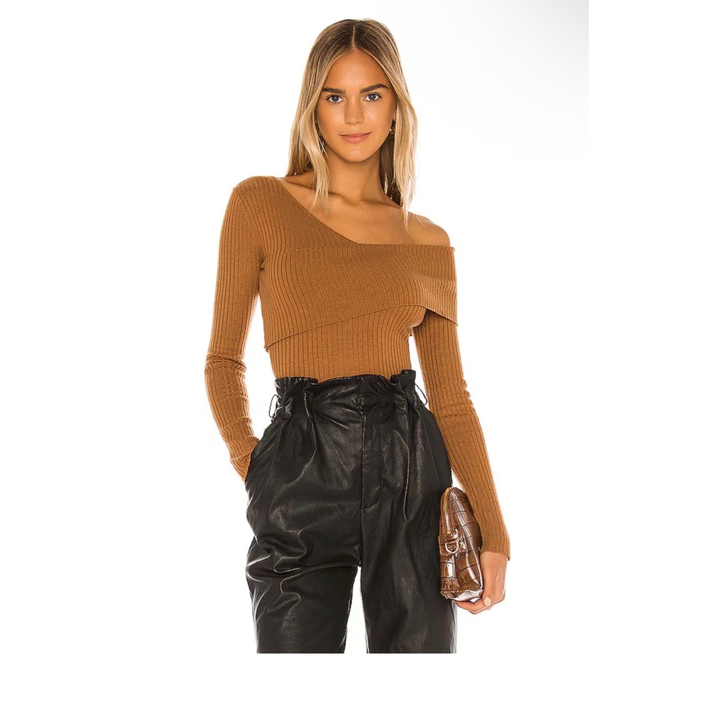 Lovers and Friends Revolve Camel Ribbed Asymmetric Off Shoulder Booker Sweater